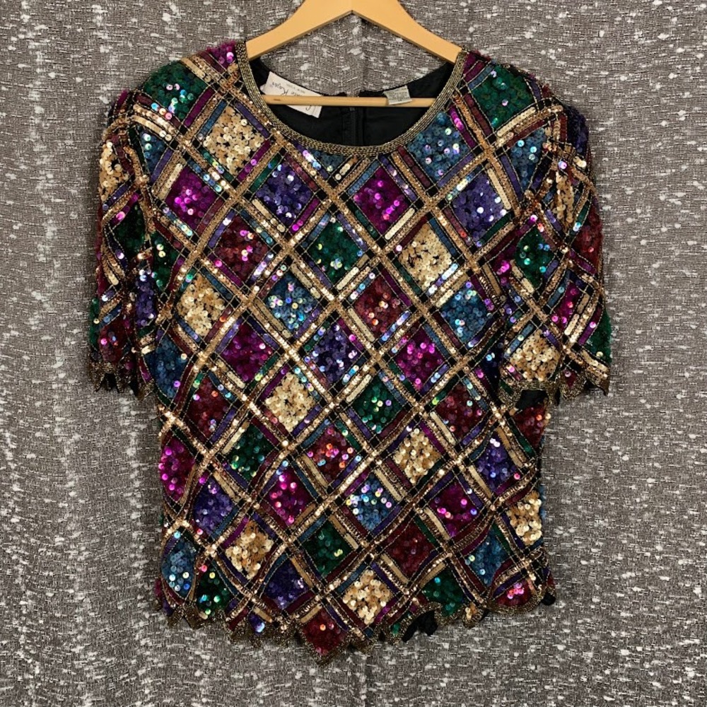 Laurence Kazar Vintage Sequin Silk Harlequin Diamond Top Luxury Women's 1X